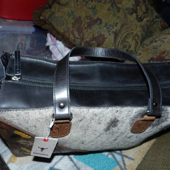American Bison Darling Hair-on Cowhide Genuine Leather Tote Bag 🆕⌚📦🏃💨🚚 - Picture 8 of 16